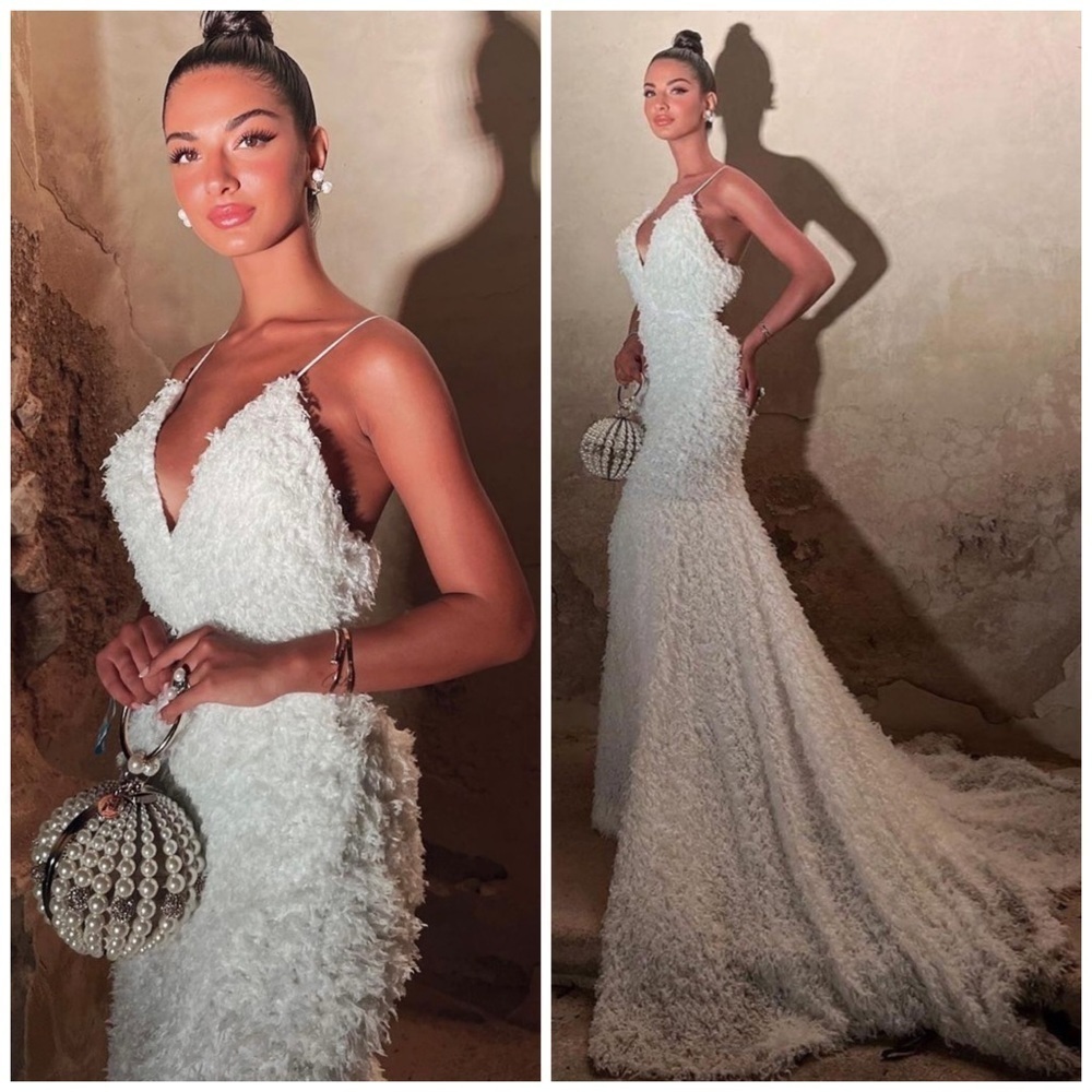 Rotate Birger Christensen Miley Textured Bridal Chapel Train Gown White Size 6